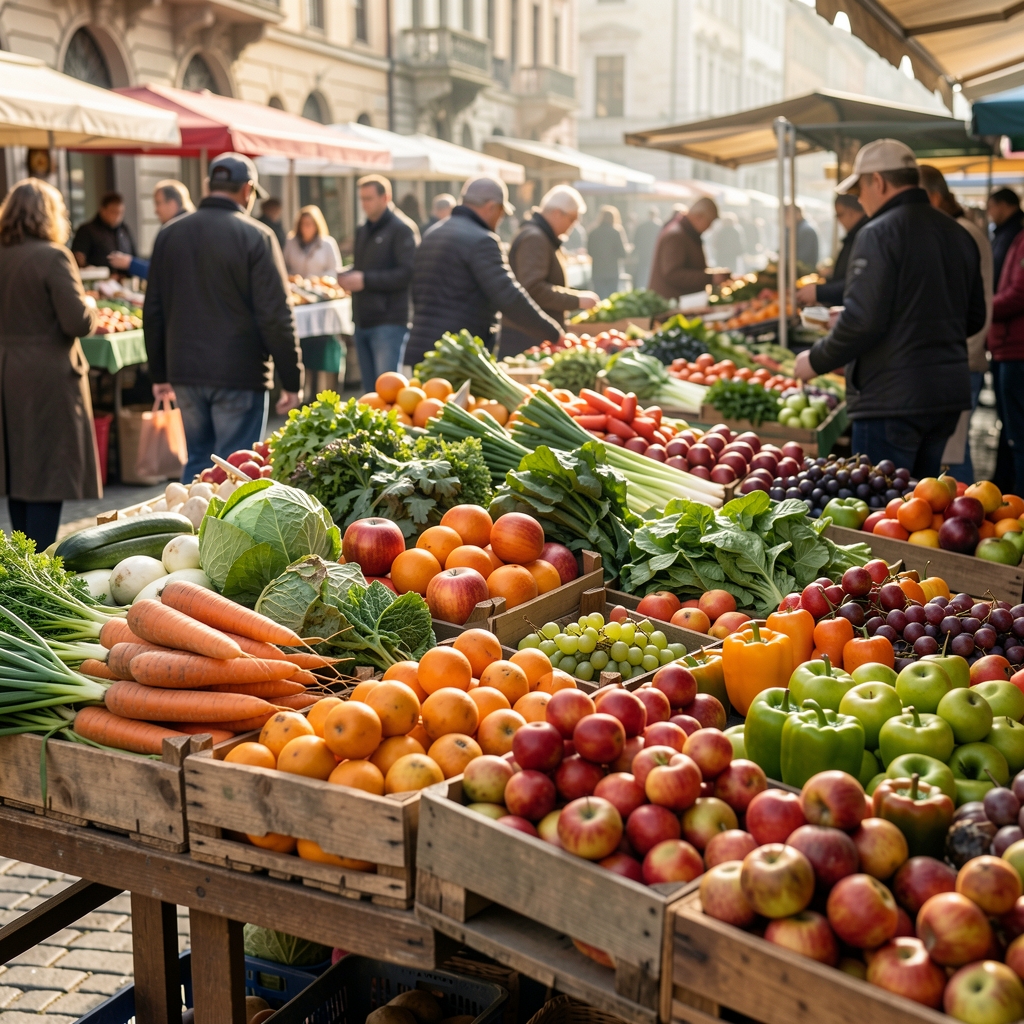 Pijačna tezga sa raznovrsnim svežim povrćem i voćem, spontana tržišna scena u jutarnjem svetlu