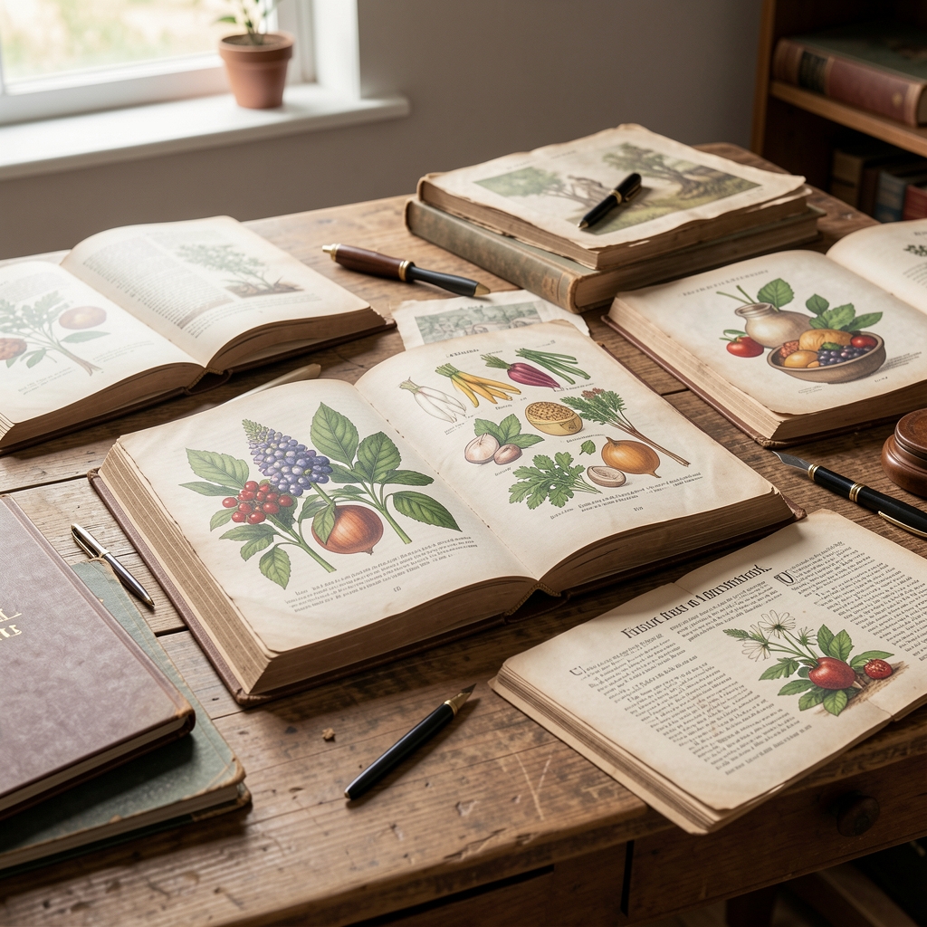 Stare ilustracije botaničkih enciklopedija i istorijskih zapisa o hrani raširene na radnom stolu
