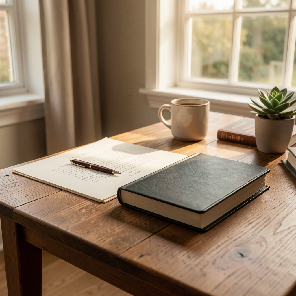 Stol sa pismima i sveskom u toplom dnevnom svetlu, mirna korespondentska scena