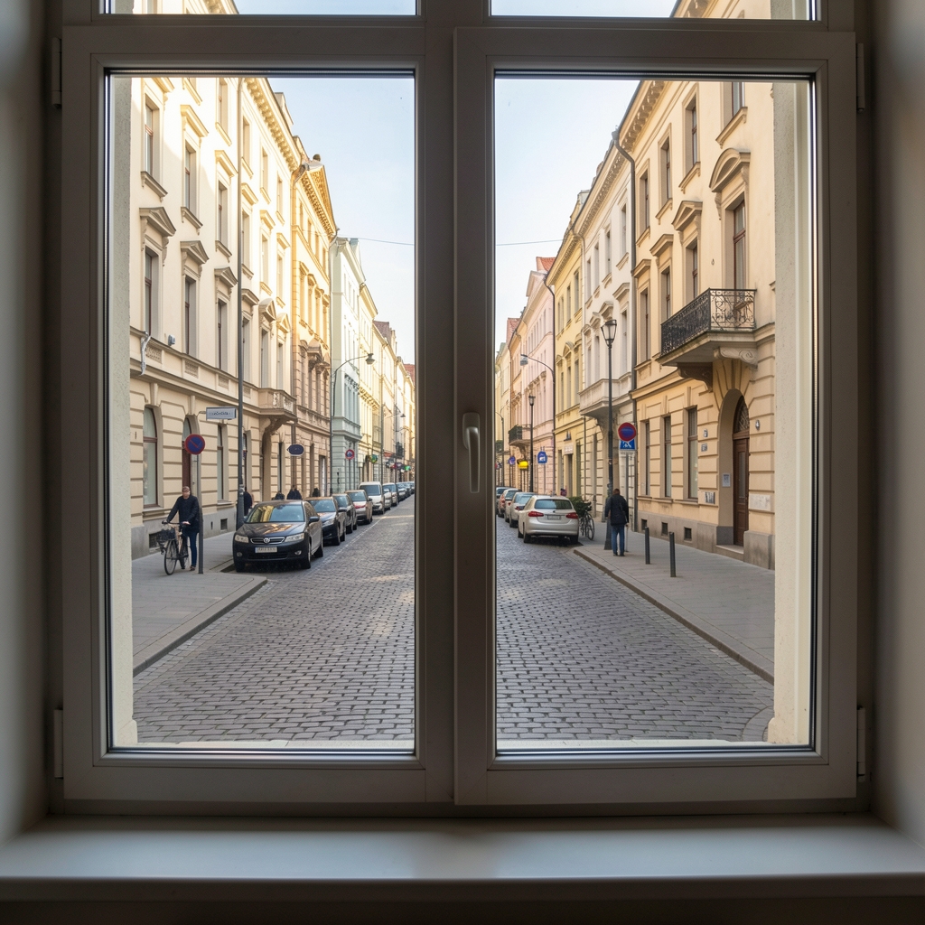 Pogled kroz prozor na ulicu Beograda u popodnevnom svetlu, mirna gradska scena