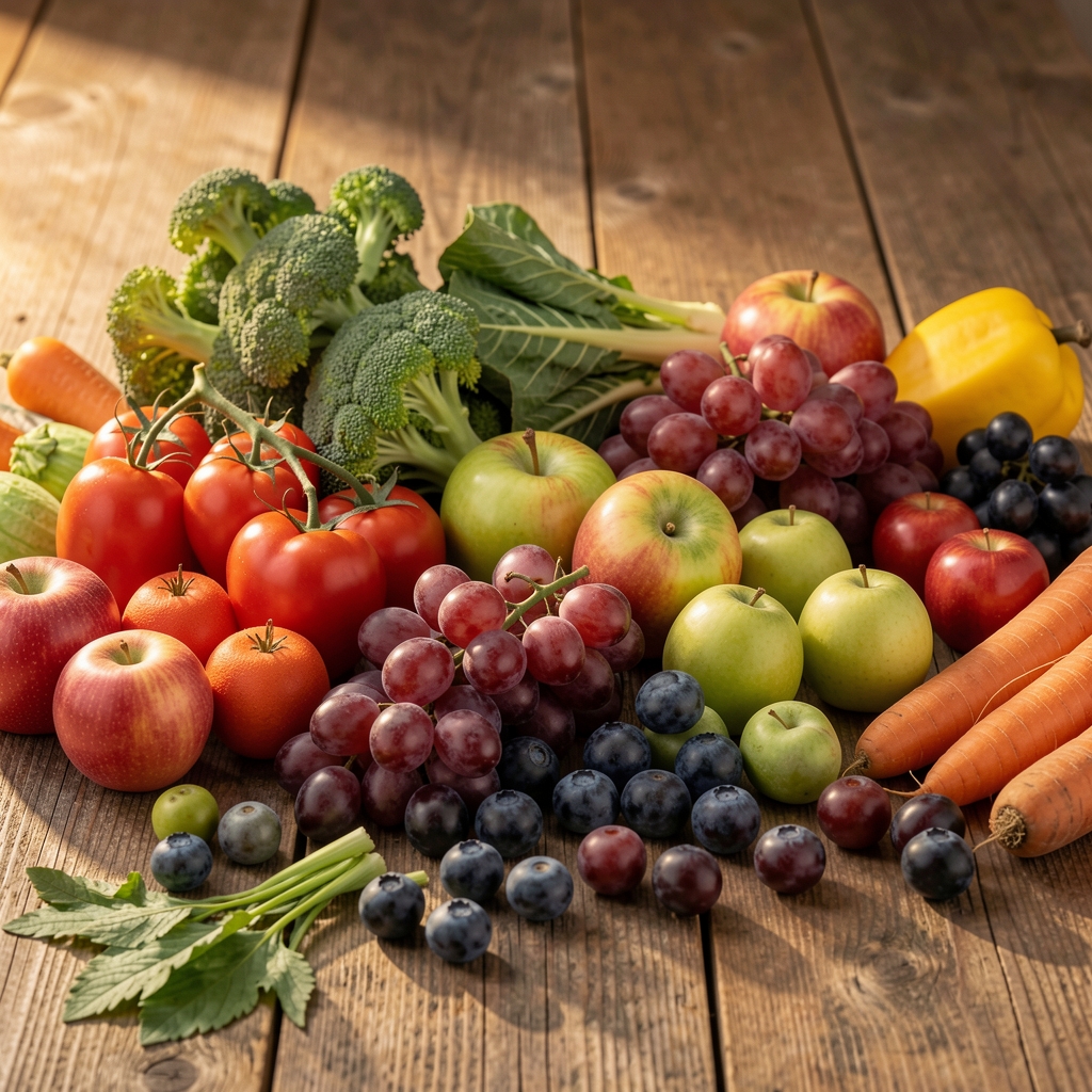 Raznovrsno povrće i voće raspoređeno na drvenoj površini u toplom prirodnom svetlu, dokumentarni stil