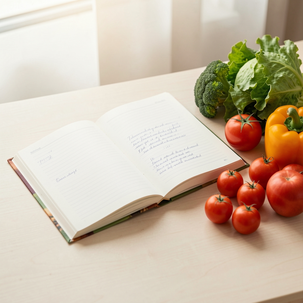 Otvorena knjiga sa beleškama i sveže povrće pored nje na svetloj radnoj površini, edukativna atmosfera