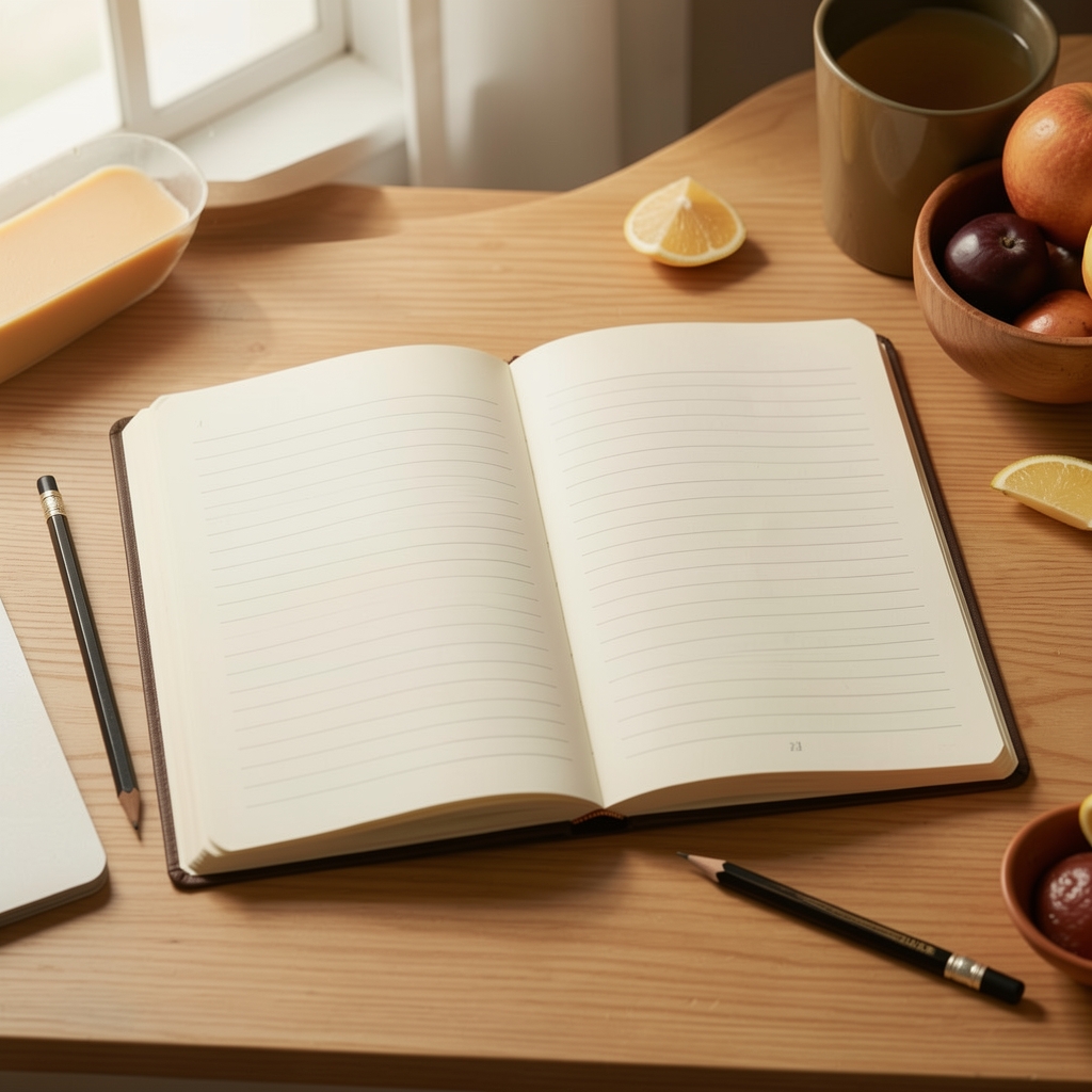Otvorena sveska sa beleškama o ishrani, olovka i prirodno svetlo, edukativna radno-stolna scena