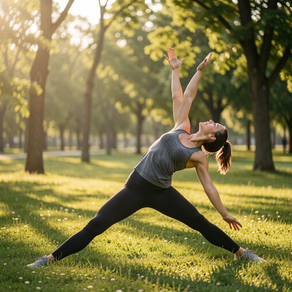 Osoba koja se isteze u parku na svežem vazduhu ujutru, rekreativna aktivnost u prirodi