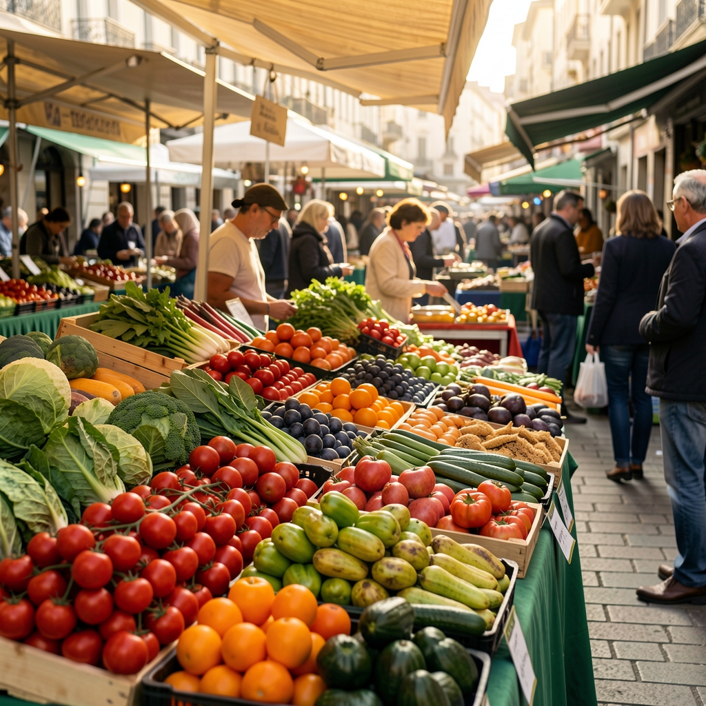 Pijačna tezga sa svežim povrćem u raznim bojama, jutarnje svetlo, spontana tržišna scena