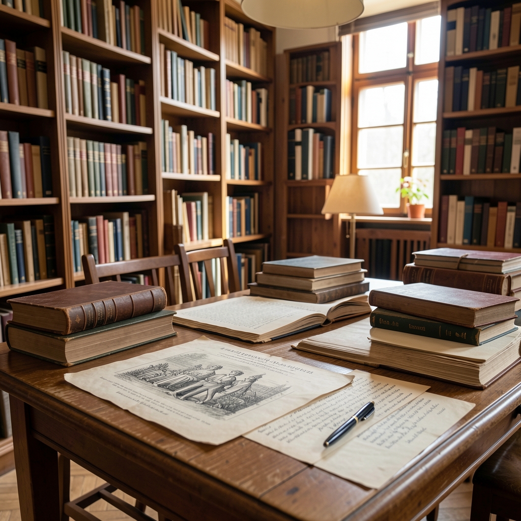 Stare ilustracije i zapisi o hrani u biblioteci, istorijski dokumenti na stolu